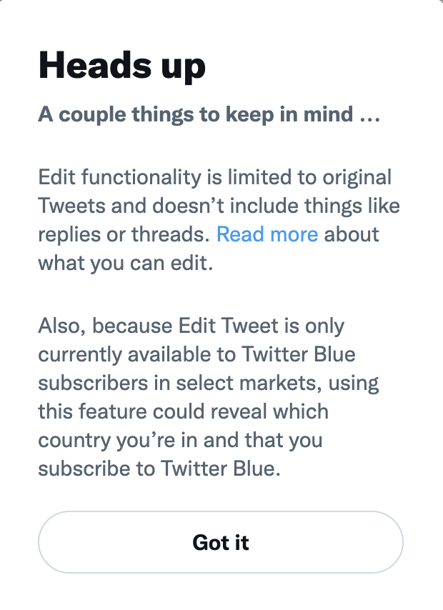 Twitte Blue "Heads Up" message
