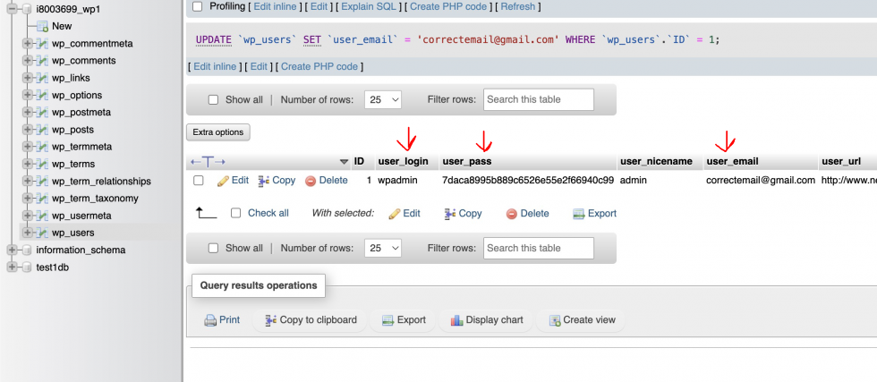 phpMyAdmin database user row noted