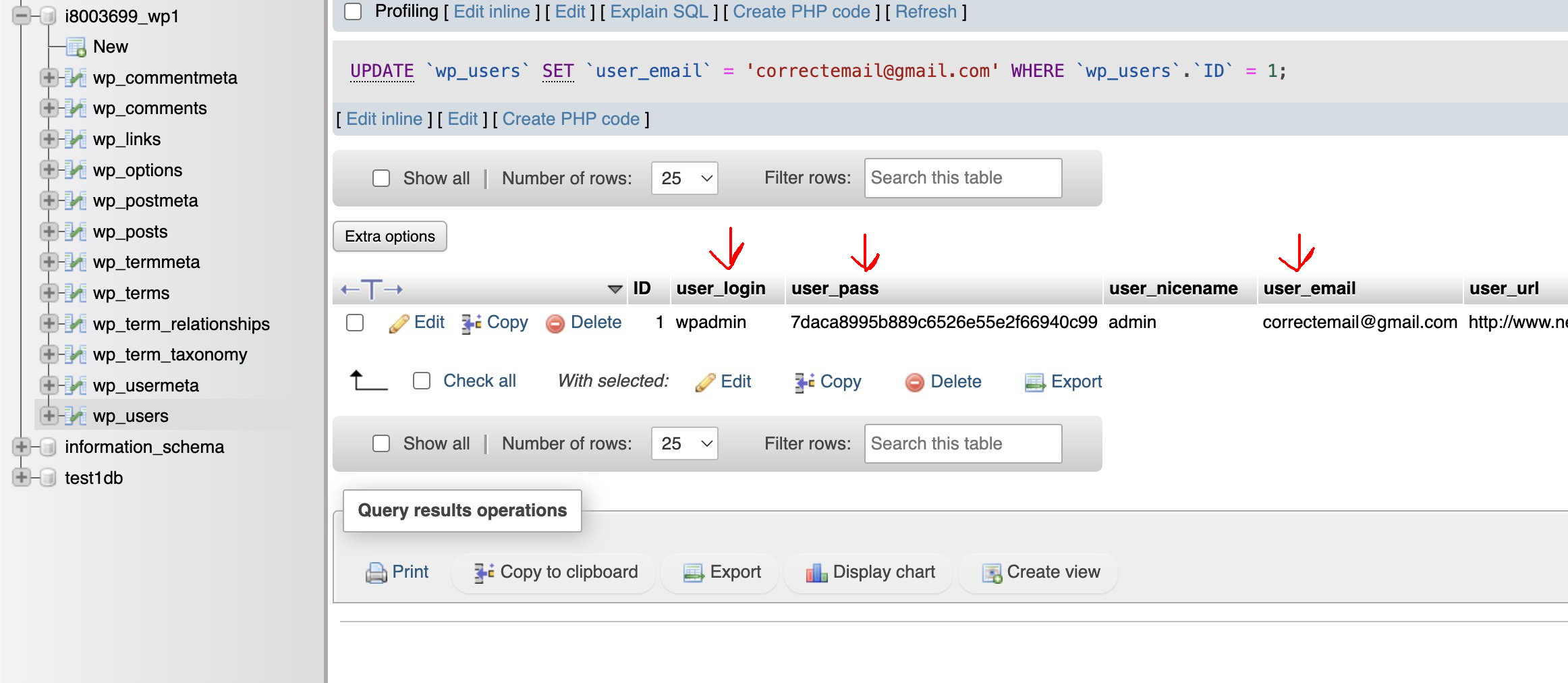 phpMyAdmin database user row noted