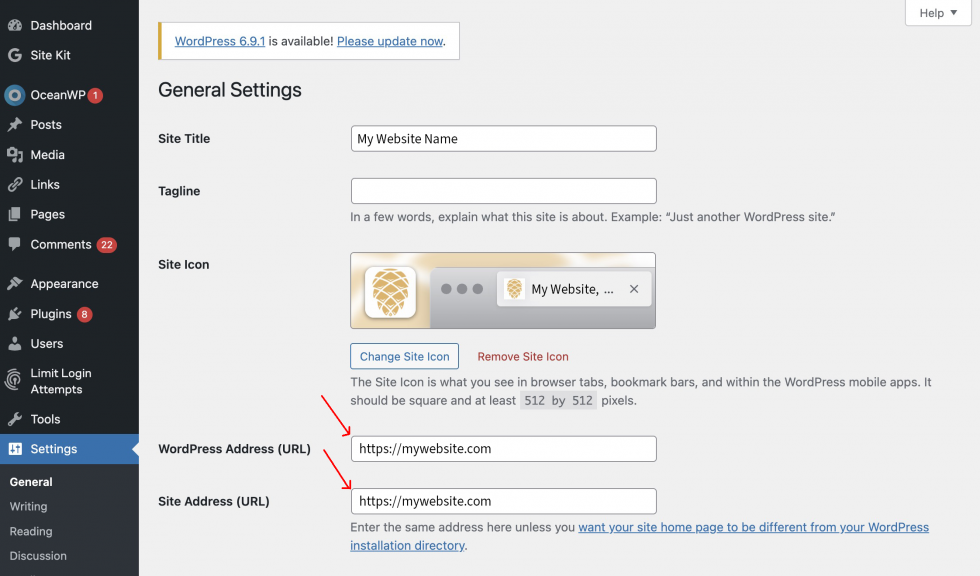wordpress general settings site address ssl